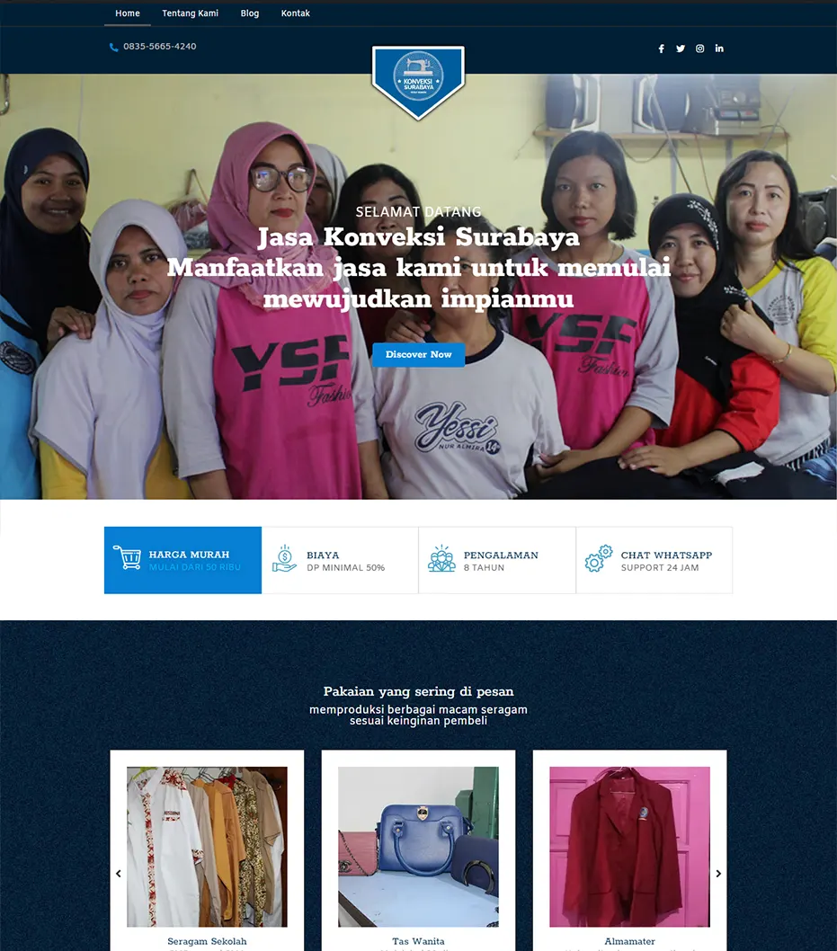 Jasa Website Konveksi pada halaman Home