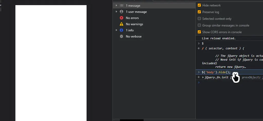 Console JQuery body hide