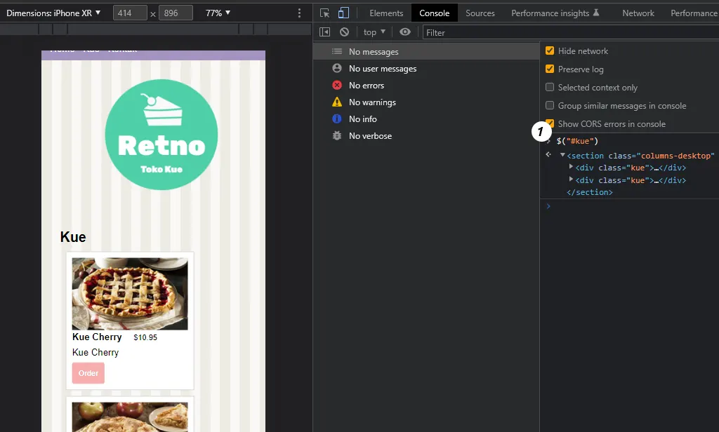 Kita langsung saja ketik perintah JQuery untuk ID Selectors di Console