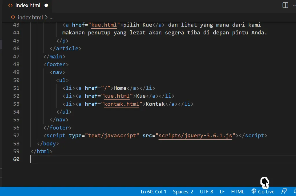 Klik Go Live menjalankan project JQuery