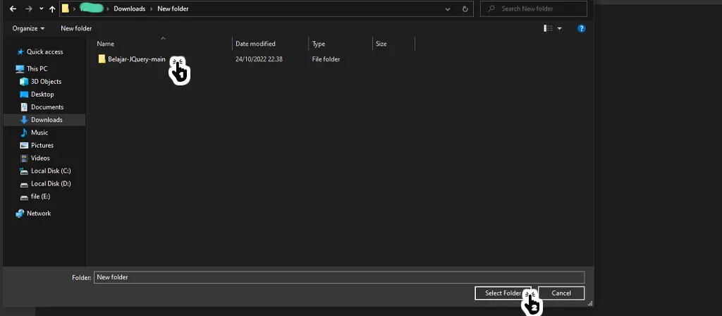 pilih folder belajar JQuery dan select folder
