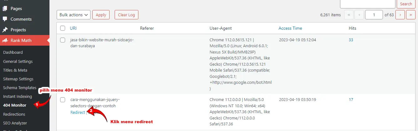 Cara menggunakan Redirect 404 Monitor klik redirect pada rank math