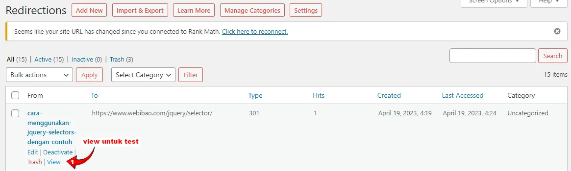 melihat Redirections yang sudah dibuat rank math