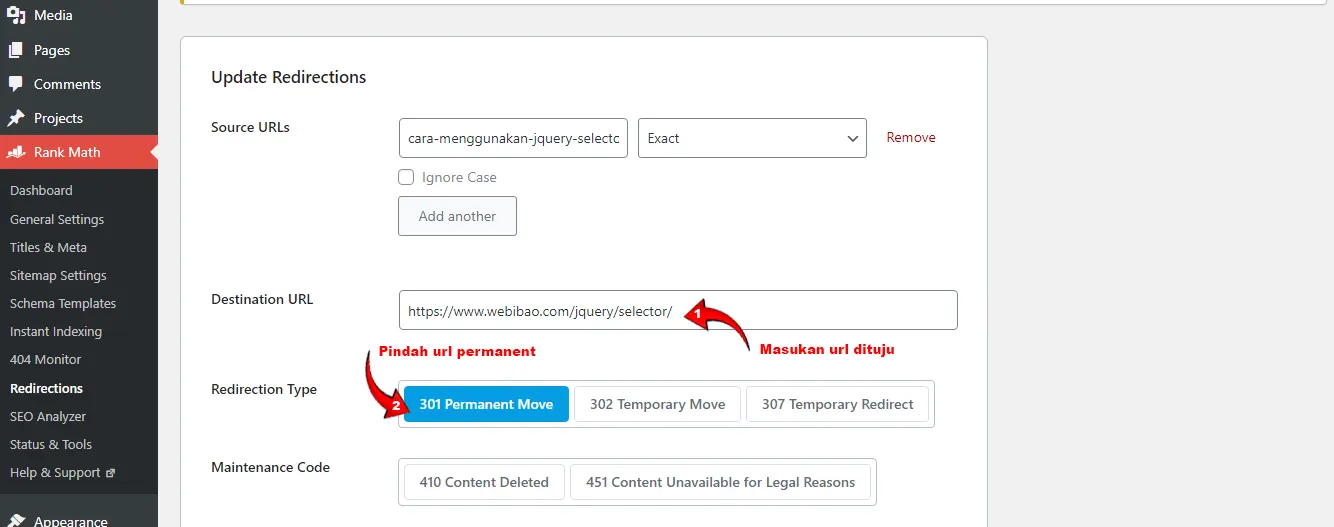 redirect pindah secara permanen rank math