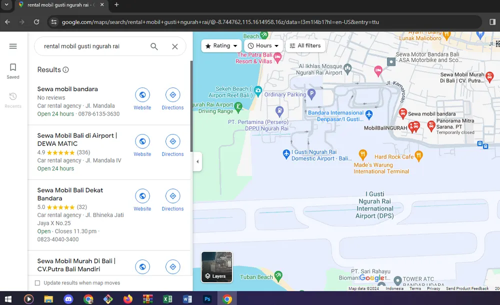 menggunakan google maps untuk mencari rental mobil di bali