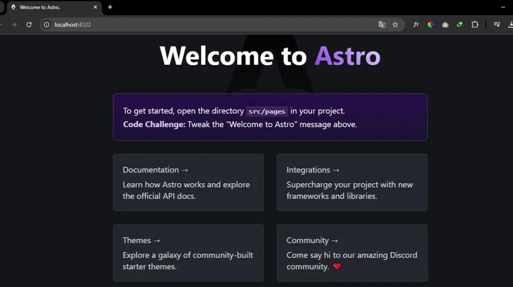 tampilan saat install framework astro js
