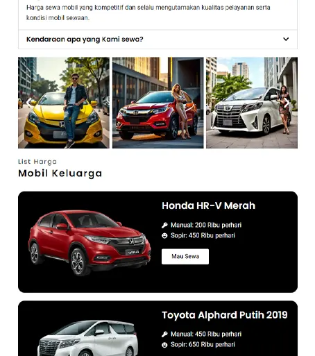 Portfolio Website Sewa Mobil harga terjangkau