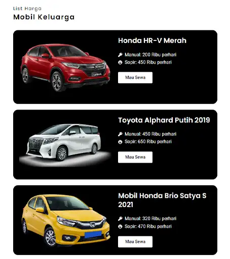 Portfolio Website Sewa Mobil untuk keluarga bali